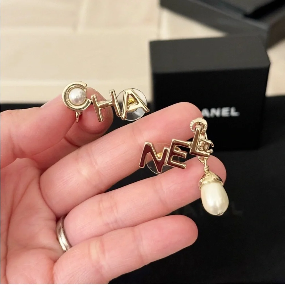 Authentic Chanel Limited Edition Pearl Split Logo CC Cuff / Climber Earrings